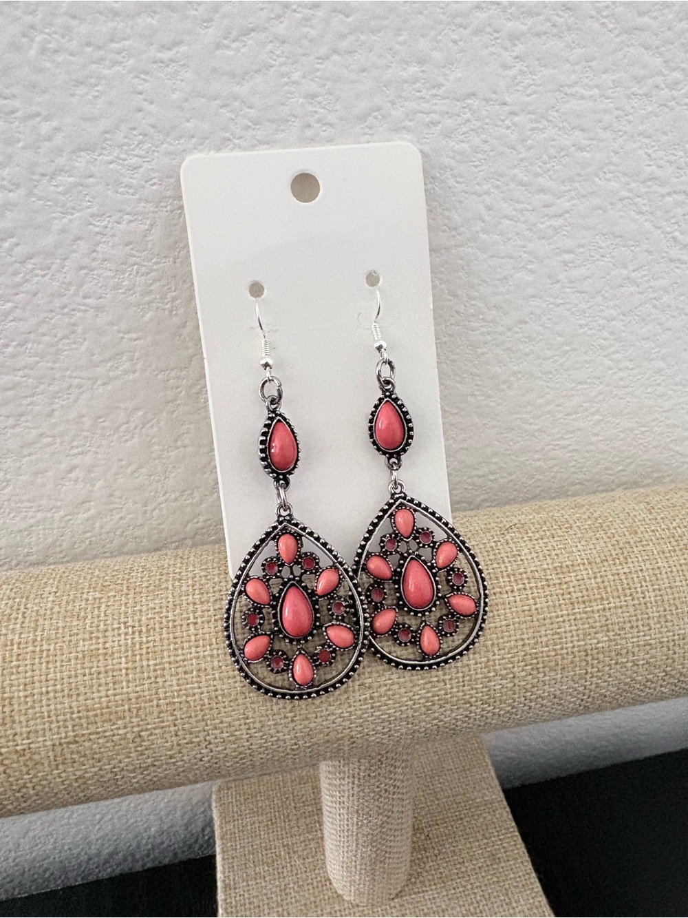 Handcrafted pendant coral colored dangle earrings